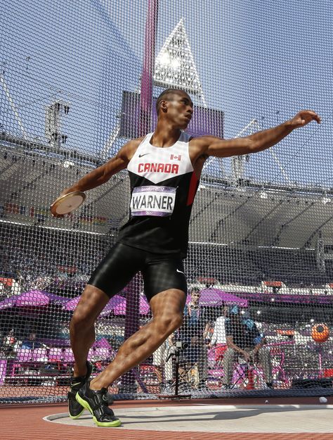 Discus - Canada's Damian Warner takes a throw in the discus throw for the decathlon during the athletics in the Olympic Stadium at the 2012 Summer Olympics, London, Thursday, Aug. 9, 2012. (1855×2449) Discus Throw Aesthetic, Sports Action Shots, Disc Throwing, Motion Poses, Discus Throwing, Track Pics, Track Aesthetic, Disk Golf, Supermarket Logo