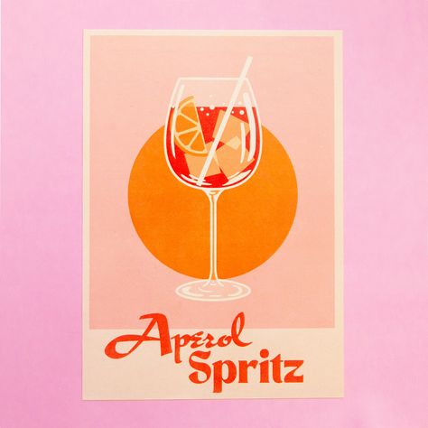 An aperol spritz cocktail illustration with an orange wedge in the glass sits on a pink background with orange circle. text reads aperol spritz. Aperol Spritz Sketch, Aperol Spritz Print, Aperol Spritz Painting, Aperol Spritz Art, Aperol Spritz Illustration, Relax Painting, Art 2023, Bullet Journal Themes, Painting Inspo