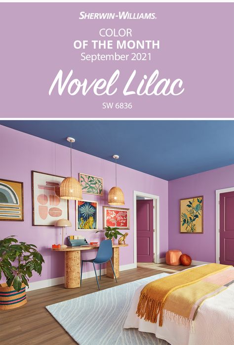 Bring your modern maximalist style to life with walls painted the Sherwin-Williams September Color of the Month, Novel Lilac SW 6836. Complete the look with a door in Juneberry SW 6573 and the ceiling in Perfect Periwinkle SW 9065. Tap this pin for more styling tips, then get your DIY painting project started today. #sherwinwilliams #color #inspiration #colorinspiration #paint #decor #interiordesign #paintinspiration #maximalism #purple #lilac Sherwin Williams Novel Lilac, Novel Lilac Sherwin Williams, Lilac Office Ideas, Painted Rooms Ideas Color Schemes, Lilac Ceiling, Lilac Walls Bedroom, Lilac Accent Wall, Lilac Wall Color, Lilac Bedroom Walls