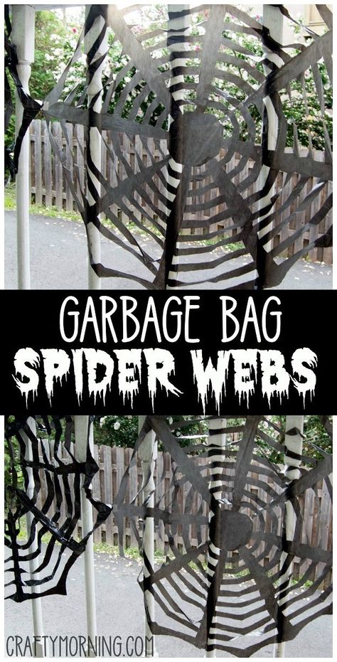 Trash Bag/ Garbage Bag Spider Web Decorations. Find the step by step instructions on how to cut it! Fun halloween outdoor decoration to make thats easy and cheap to do. Garbage Bag Spider Web, Garbage Bag Spider, Spider Web Diy, Christmas Footprint Crafts, Creative Christmas Decorations, Halloween Outdoor Decoration, Crafty Morning, Spider Web Decoration, Spider Decorations