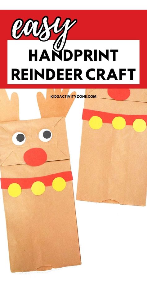 If your kids love Rudolph the Red-Nosed Reindeer they will love making this easy Paper Bag Handprint Reindeer Craft. Supplies that you already have in your home make this an easy at home craft. Or a great holiday party activity for at school! Paper Bag Reindeer, Unique Kids Crafts, Handprint Reindeer, Rudolph Crafts, Reindeer Handprint, Easy Christmas Craft, Easy Kid Activities, Paper Bag Crafts, Easy Holidays Crafts