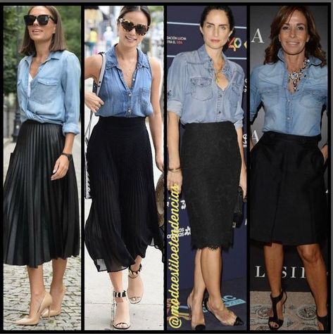 #MidiSkirtOutfit #GuideToALineMidiSkirt #FashionOutfits Mode Tips, Denim Shirts, Outfit Jeans, Mode Casual, Mode Inspiration, Work Fashion, Outfits Casuales, Skirt Outfits, Get Dressed