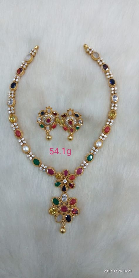 Navarathan Necklace, Navaratan Jewellery, Navaratna Necklace, Dressy Jewelry, Fashion Jewelry Necklaces Gold, Wedding Jewelry Sets Bridal Jewellery, Mala Jewelry, Gold Earrings Models, Antique Jewellery Designs