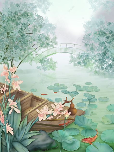 2021,illustration,hand draw,original,antiquity,chinese style,lotus pond,flowers,canna,lotus,koi,scenes,xian xia,gourd,xiao,musical instrument,ferry,bridge,ink,emotional expression,poster,martial arts,fantasy Lotus Pond Illustration, Pond Illustration, Pond Flowers, Pond Drawing, Tattoo 2023, Lotus Garden, Chinese Illustration, Emotional Expression, Koi Ponds