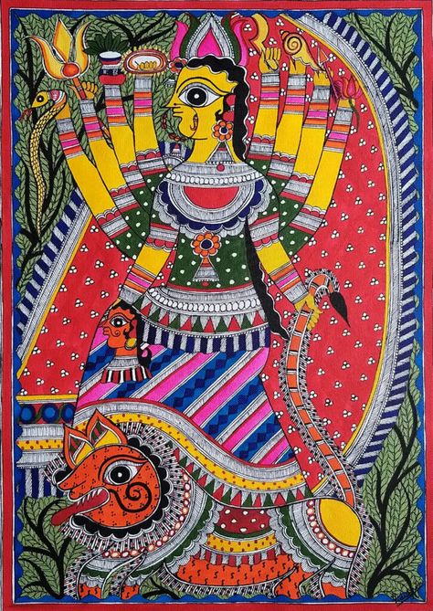 Home - Madhubani by Vidushini Madhubani Art Durga Maa, Maa Durga Madhubani Painting, Madhubani Durga Painting, Mithila Painting Indian Folk Art, Maithili Painting, Durga Madhubani Painting, Lion Goddess, Madhubani Paintings Peacock, Workshop Painting