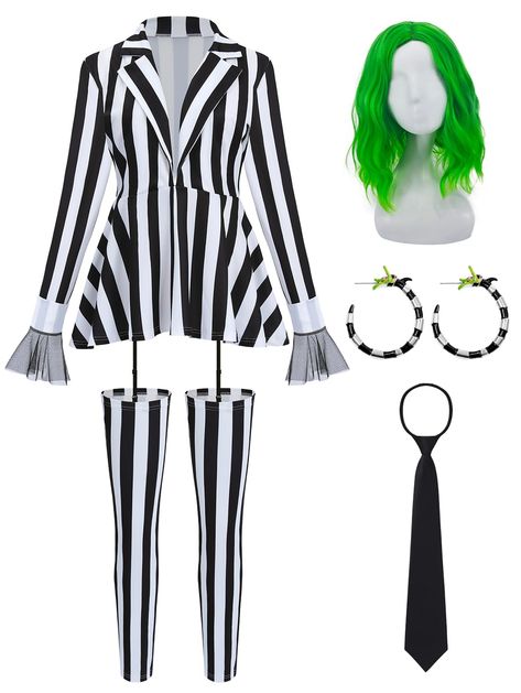 PRICES MAY VARY. What You Will Get: 1 piece of black and white stripped blazer, 1 piece of pant, 1 piece of tie, 1 green wig, 1 pair of earrings, you can wear them to cosplay the role you like, or you can give them to your families as gifts Premium Material: Our Halloween character costume is made of high quality cotton, touch soft, comfortable to wear, sturdy and solid, not easy to tear, fade or deform, so you can wear it for daily use Wig and Earrings: Our striped kit is designed for Halloween White Wig Costume Halloween, Halloween Costumes With Thigh High Boots, Female Gomez Addams Costume, Halloween Costumes Duo Friends Work Appropriate, Sophisticated Halloween Costumes, 80s Theme Halloween Costume, Beetlejuice Costume For Women, Jack Costume Women, Costumes 2024 Women