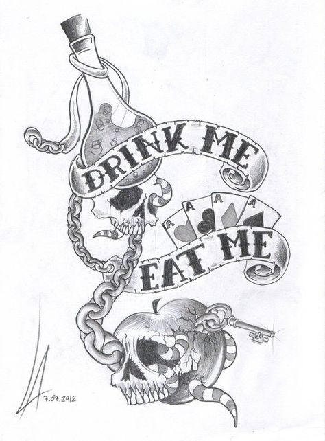 Alice in Wonderland Drink Drawing, Alice In Wonderland Tattoo, Alice And Wonderland Tattoos, Dark Alice In Wonderland, Alice In Wonderland Drawings, Wonderland Alice, Wonderland Tattoo, Tattoo Trend, Wonderland Quotes