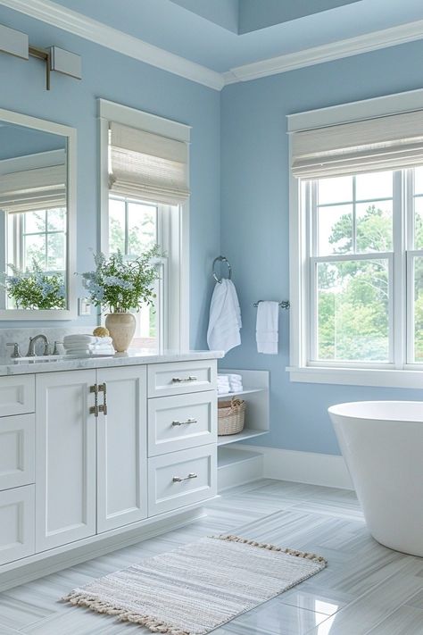 Light Blue Boho Bathroom, Blue Bathroom Decor Ideas, Light Blue Bathroom Decor, Light Blue Bathroom Ideas, Coastal Vanity, Small Coastal Bathroom, Seashell Decorations, Modern Coastal Bathroom, Coastal Bathroom Ideas