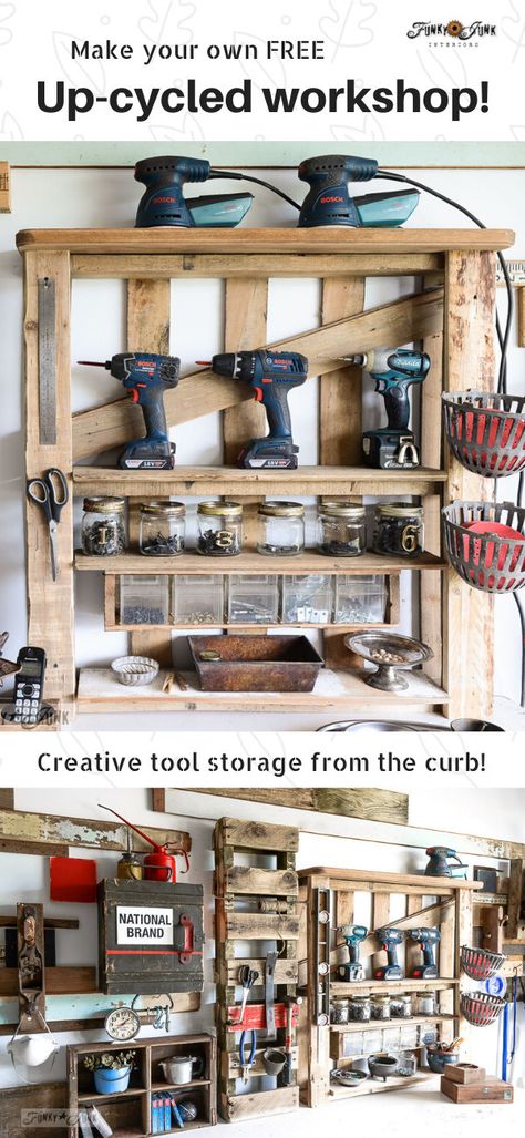 Garage Layout, Pallet Storage, Overhead Garage, Garage Tool Storage, Garage Organize, Funky Junk Interiors, Diy Garage Storage, Pallet Decor, Garage Makeover