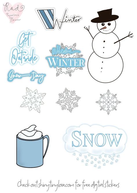 Free digital stickers for digital planners and social media png files and goodnotes file. Get it free in the freebies vault at shinytinylove.com Winter theme with a snowman, fun words, hot cocoa and snow stickers. Free Digital Stickers, Free Wedding Planner Printables, Winter Planner Stickers, Wedding Planner Printable, Ipad Organizer, Free Wedding Planner, Planner Writing, Free Planner Stickers, Month Stickers