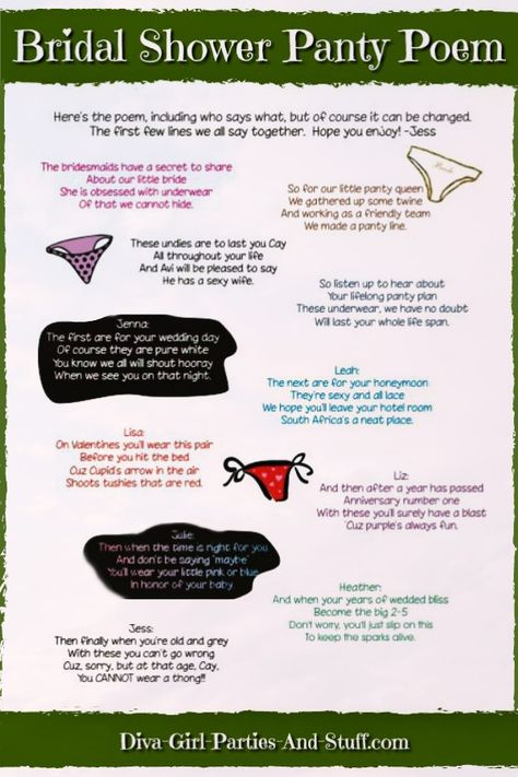 Add some laughter to your bridal shower with this fun bridal shower panty poem. It includes verses for 7 different panties, like white satin bridal, anniversary leopard print, and granny underwear. Panty Poem Bachelorette, Bridal Shower Panty Line Poem, Panty Poem Bridal Shower Gift, Pantie Bridal Shower Game, Panty Game Bridal Shower, Bridal Shower Games Funny Interactive, Moscato Punch, Funny Bridal Shower Gifts, Snow Wedding