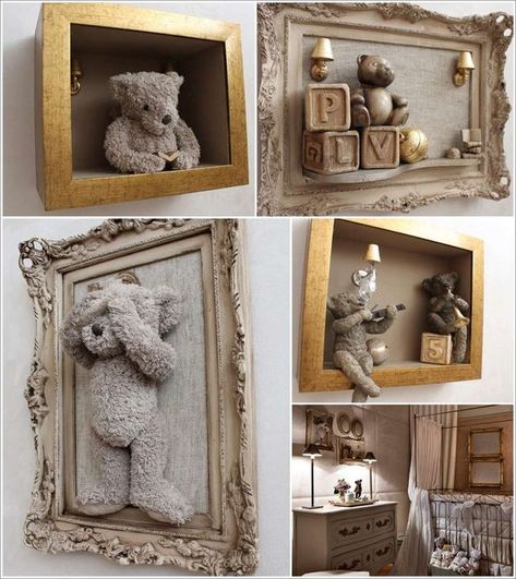 Are you decorating a nursery to welcome your baby and you want some decor idea that looks just amazing? For that if you have an old shadowbox or a vintage frame simply paint it and sew or glue a teddy Koti Diy, Diy Teddy Bear, Baby Decor Diy, Hemma Diy, Bear Nursery, Inside Design, Baby Diy, Vintage Frame, Decor Idea