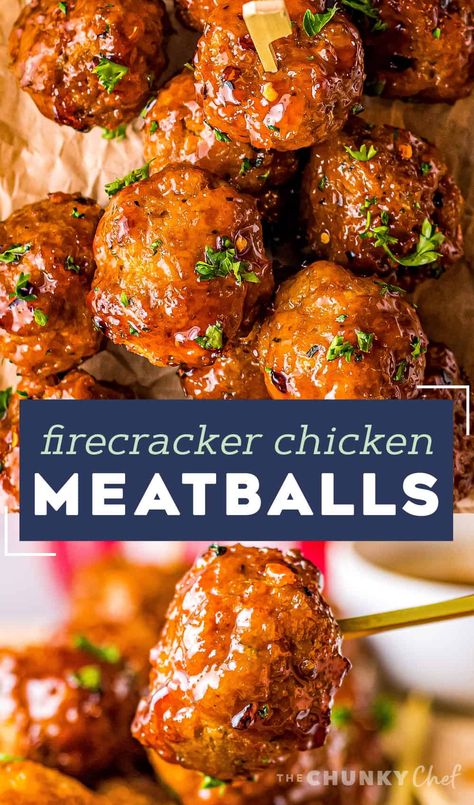 Firecracker Chicken Meatballs, Firecracker Meatballs, Spicy Chicken Meatballs, Firecracker Sauce, Firecracker Chicken, Chicken Meatball Recipes, Fun Dinner, Appetizer Meatballs, Twice Baked