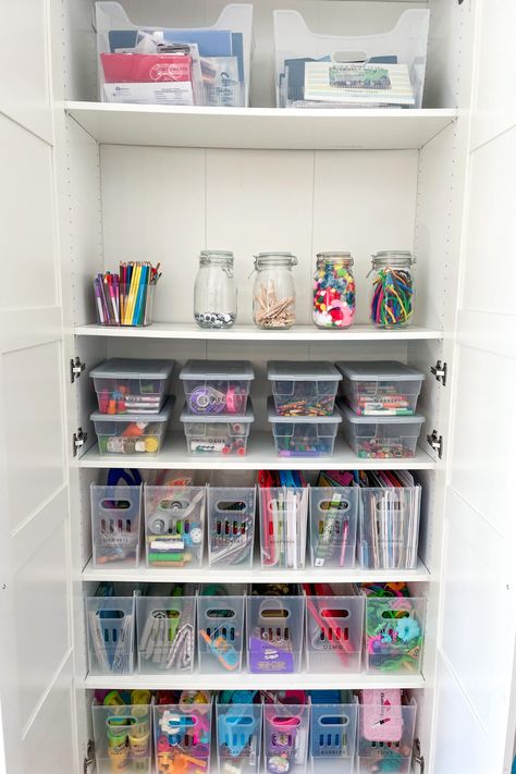 We love how this craft closet turned out. We used clear bins to make retrieval and cleanup a breeze! We of course used labels to create an easy-to-follow system. Click here to see what we used. Toy Closet Organization, Kids School Organization, Closet Organization Bins, Toy Room Organization, Craft Closet Organization, Craft Closet, Arts And Crafts Storage, Clear Bins, House Organisation