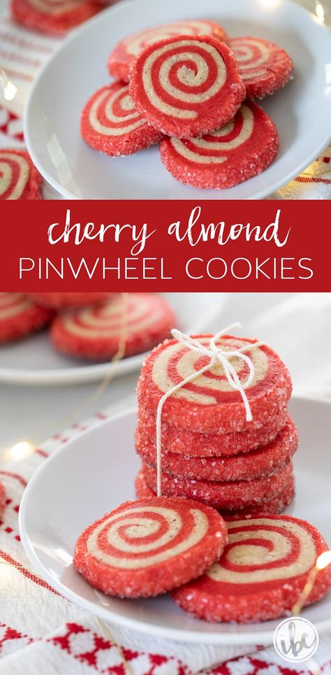 Pinwheel Cookies Christmas, Festive Cookie Recipes, Pinwheel Cookies Recipe, Cherry Cookies Recipes, Almond Cookie, Almond Meal Cookies, Pinwheel Cookies, Cherry Cookies, Summer Baking