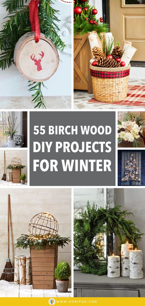 55 Birch Wood DIY Projects for Winter - GODIYGO.COM Birch Tree Diy Projects, Birch Wood Decor Ideas, Wood Slice Christmas Tree, Birchwood Christmas Decor, Diy Birch Tree Decor, Birch Tree Christmas Decor, Birch Christmas Decor, Birch Bark Crafts Diy, Birch Tree Decor Christmas