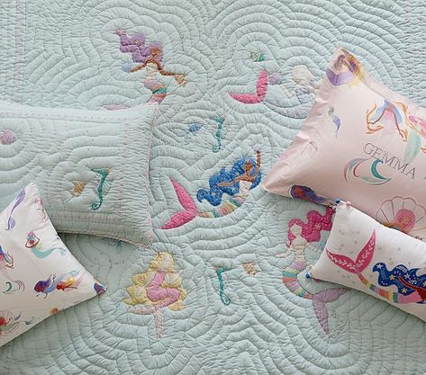 Mermaid Kids Room, Little Mermaid Bedroom, Mermaid Quilt, Mermaid Bedding, Kids Bed Linen, Linen Bedspread, Pb Kids, Furniture Kids, Baby Bedding Sets