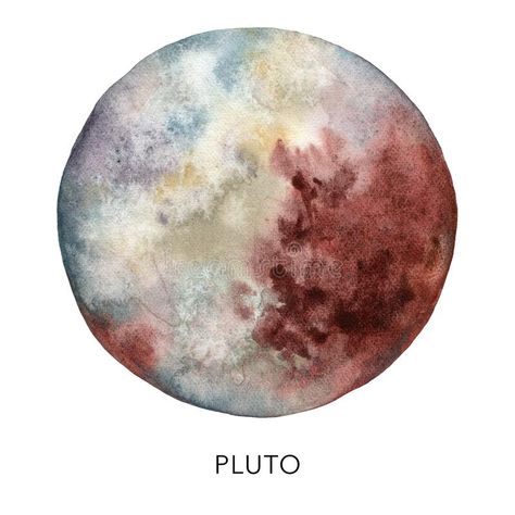 Watercolor abstract Pluto planet. Hand painted satellite isolated on white background. Minimalistic space illustration royalty free stock image Pluto Painting Planet, Pluto Drawing Planets, Watercolor Planets Solar System, Planet Watercolor Painting, Pluto Planet Art, Pluto Planet Tattoo, Pluto Painting, Satellite Illustration, Planet Watercolor