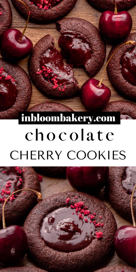 Cherry Ganache, Bloom Bakery, Chocolate Cherry Cookies, Chocolate Thumbprint Cookies, Christmas Baking Recipes, Cherry Cookies, Thumbprint Cookies, Läcker Mat, Think Food