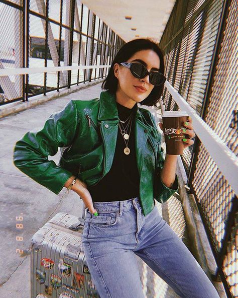 The Best Moto Jackets You Can Buy | Who What Wear Green Leather Jacket Outfit, Moto Jacket Outfit, Green Leather Jacket, Leather Jacket Outfit, Estilo Hipster, Looks Jeans, Tumblr Outfits, Outfit Trends, Bold Style