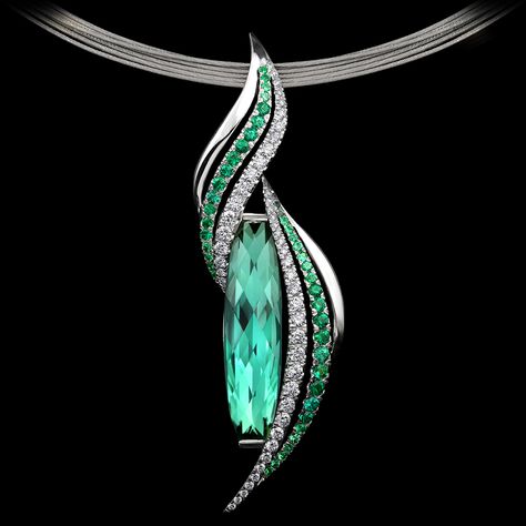 Emerald Flame Pendant by Adam Neeley. Emerald Flame Pendant features a tourmaline cut by Stephen Avery, accented with pavé set emeralds and diamonds in white gold. Bijoux Art Deco, Kay Jewelry, Jewelry Drawing, Tourmaline Jewelry, Couture Jewelry, Deco Jewelry, Emerald Jewelry, Gems Jewelry, Art Deco Jewelry