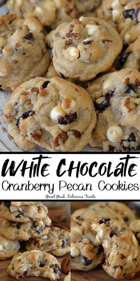 Christmas Cookies With White Chocolate, White Chocolate Pecan Cookies, Christmas Gourmet Cookies, Cranberry Pecan Cookies, Cookies With Pecans, Cranberry White Chocolate Chip Cookies, Cranberry Cookies Recipes, Weekend Baking, Delicious Cookies Homemade