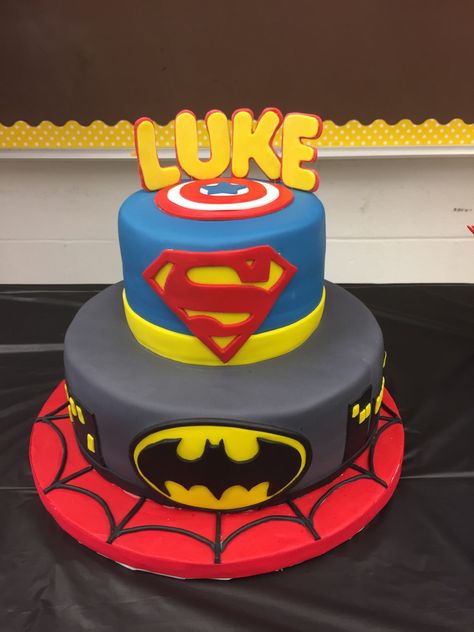 Batman, Superman, Spider-Man Superhero cake for Superhero theme Baby Shower. 2 tier cake. 2 Tier Superhero Cake, Avengers Cake 2 Tier, Baby Shower Cake For Girls, Baby Shower Table Cloths, Baby Shower Banner Girl, Shoes Cake, Baby Shower Cake Table, Avengers Cake, Baby Shower Girl Diy