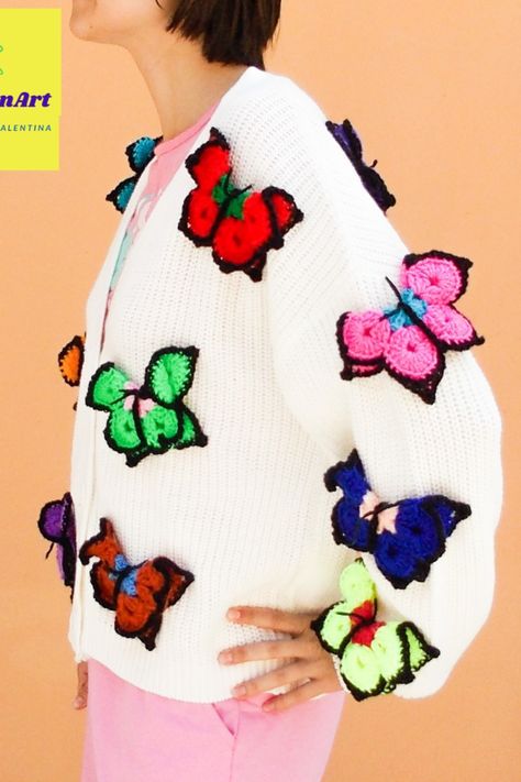 Diy Crochet Cardigan, Crochet Sweater Design, Butterfly Sweater, Unique Cardigan, Cardigan Rajut, Hippie Crochet, Big Butterfly, Oversized Sweater Cardigan, 3d Butterfly