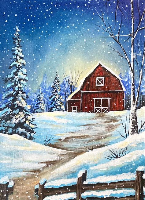 Winter Themed Paintings, Winter House Painting, Snow Painting Acrylic Winter Scenes, Christmas Scenery Paintings, Winter Landscape Painting Acrylic Easy, Winter Barn Painting, Winter Cabin Painting, Christmas Landscape Painting, Winter Scenes To Paint