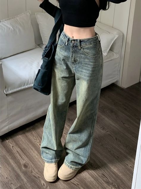 Deeptown Y2k Baggy Wide Leg Jeans Women Vintage Streetwear Washed Denim Pants Grunge Basic Slouchy Baggy Jeans High Waisted, High Waisted Baggy Jeans Outfit, Harajuku Jeans, Wide Leg Jeans Women, Pants Grunge, Washed Denim Pants, Trendy Trousers, Baggy Wide Leg Jeans, Track Pants Outfit