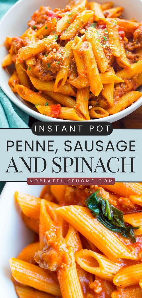 The perfect weeknight dinner in under 30 minutes! Cheesy, filling, and delicious, this Instant Pot penne pasta will become one of your go-to comfort food. What's not to love about a simple pasta recipe with veggies and cheese in meat sauce? Pasta With Sausage And Spinach, Pressure Cooker Pasta, Instant Pot Pasta, Sausage And Spinach, Sausage Pasta Recipes, Pasta With Sausage, Instant Pot Pasta Recipe, Best Pressure Cooker, Best Instant Pot Recipe