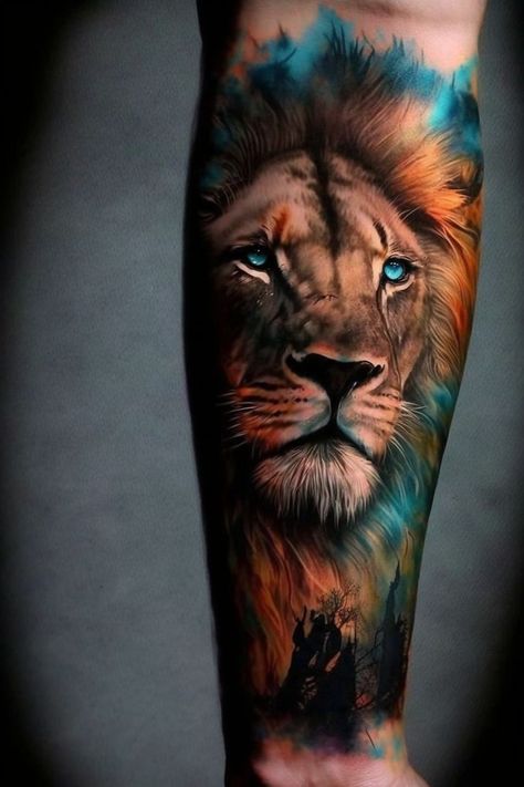 Coloured Lion Tattoo, Lion Tattoo With Color, Lion Cover Up Tattoo Men, Tiger Tattoo Cover Up, Roaring Lion Tattoos For Men, Color Sleeve Tattoos For Men, Tiger Lion Tattoo, Realistic Lion Tattoo Design, Color Tattoo For Men