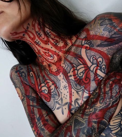 Red Blast Over Tattoo, Red Over Black Tattoo, Extreme Body Modification, Red Flame Tattoo, Full Body Tattoos For Women, Whole Body Tattoo Woman, Full Body Tattoo Women, Hip Bone Tattoos, Blast Over Tattoo