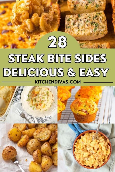 Collage of various recipes like potatoes, mac and cheese, and muffins with graphic overlay. Best Sides For Steak, What To Serve With Steak, Sides For Steak, Homemade Chicken Fried Rice, Steak Lunch, Beef Roll Ups, Steak Sides, Steak Bites Recipe, Fluffy Dinner Rolls