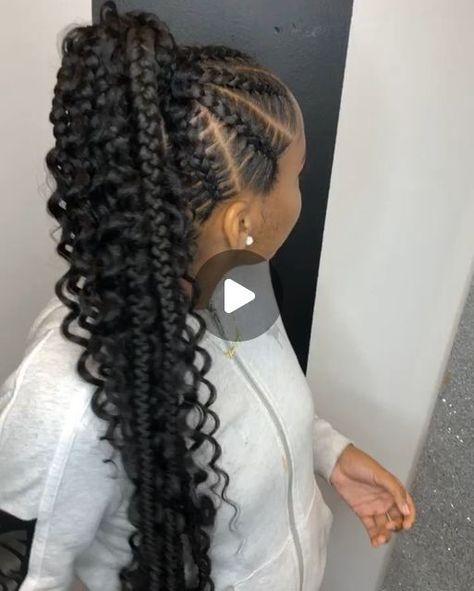 Stitch Braid Ponytail With Curls, Feed In Ponytail Braids With Curls, Pony Braids For Black Women, Feed In Braids With Curly Ends, 2 Feedin Braids With Curly Hair, Two Feed In Braids With Curly Ends, Stitch Braids Ponytail With Curls, Feed Ins With Curls, Braided Pony Hairstyles