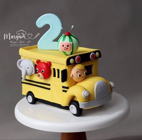 Coco Melon Bus Cake, 2nd Year Birthday Cake, Bus Cakes For Boys, Birthday Cake 2 Year Boy, Second Birthday Cake Boy, Cocomelon Bus Cake, Bus Theme Cake, Wheels On The Bus Cake, Bus Birthday Cake