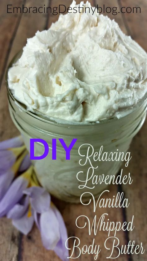 Relaxing Lavender Vanilla DIY Whipped Body Butter | Heart and Soul Homeschooling Body Butter Recipe Whipped, Homemade Body Cream, Vanilla Diy, Diy Whipped Body Butter, Diy Body Butter Recipes, Vanilla Body Butter, Diy Lavender, Bath Salts Diy, Lavender Body Butter