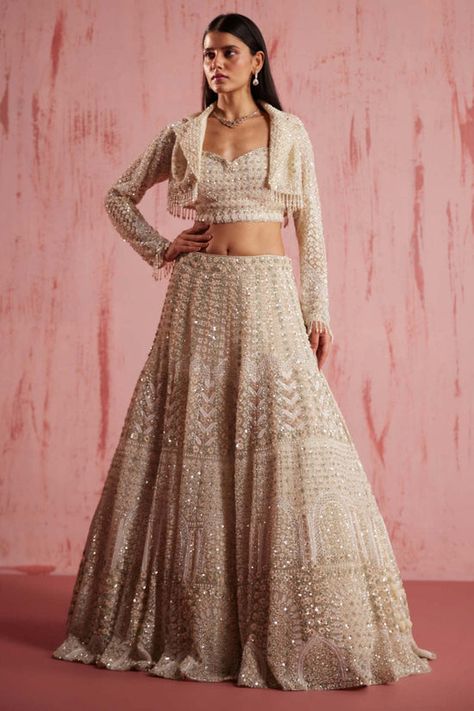 ROQA – INDIASPOPUP.COM Luxury Zari Weaving Lehenga For Reception, Luxury Front Open Lehenga For Festive Season, Traditional Luxury Crop Top For Reception, Luxury Bollywood Outerwear For Reception, Luxury Bollywood Wedding Outerwear, Luxury Front Open Lehenga With Zari Work, Luxury Anarkali Blouse For Reception, Luxury Front Open Lehenga, Luxury Anarkali Skirt For Reception