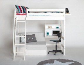 Lovely loft bed with sofa component - ingenious design Loft Bed With Couch, Futon Bunk Bed, Futon Bedroom, Futon Decor, High Sleeper Bed, Desk Corner, Murphy Bed Ikea, Bunk Bed With Desk, Bed Classic