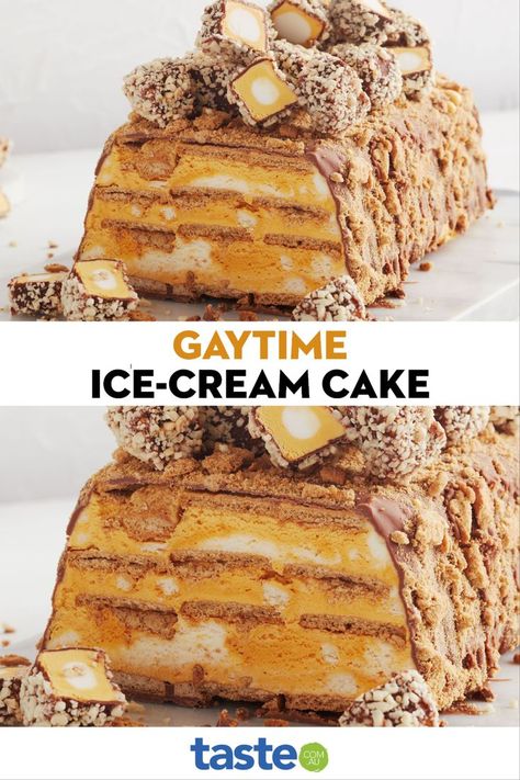 Although we didn’t think it was possible, Australia’s favourite ice-cream - the Golden Gaytime - just got even better because we've turned it into a 5-ingredient ice-cream cake! That's right, we've packed everything you love about Gaytime (think caramely, crumbly, crunchy goodness) into an easy dessert you can even make ahead. Golden Gaytime, British Baking Show Recipes, Ice Cream Cake Recipe, Coconut Ice Cream, No Churn Ice Cream, Malted Milk, British Baking, Xmas Food, Cake Tasting