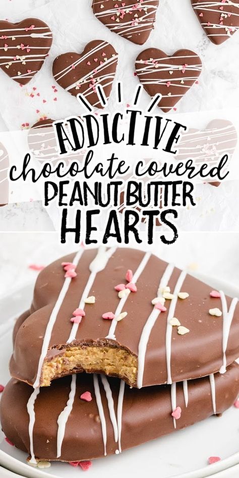 Chocolate Covered Peanut Butter Hearts Valentine Deserts Ideas, Valentines Day Baked Goods, Chocolate Covered Treats Ideas, Valentines Baked Goods, Peanut Butter Hearts, Valentines Goodies, Chocolate Covered Desserts, Peanut Butter Dip, Valentines Recipes Desserts