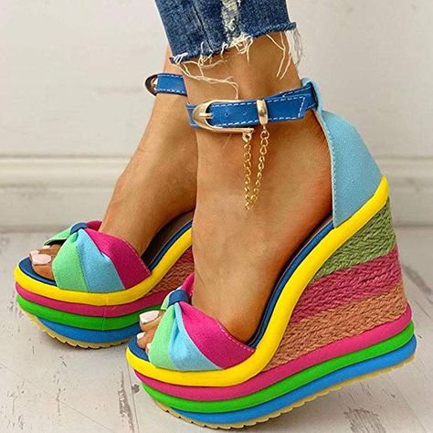 Colorful Wedges, Wedges Shoes, Espadrilles Platform, High Heel Wedges, Open Toed Heels, Buckled Heels, Platform High Heels, Platform Wedge Sandals, Ankle Strap Heels