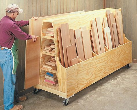 Remodelando la Casa: 20 Scrap Wood Storage Holders You Can DIY Lumber Storage Cart, Workshop Organisation, Lumber Storage Rack, Plywood Storage, Lumber Rack, Garage Diy, Lumber Storage, Storage Garage, Workshop Organization