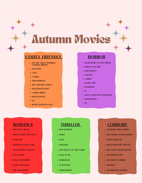 Movies For Movie Night With Friends, Cozy Autumn Movie List, Autumn Romance Movies, Autumn Tv Shows List, Fall Disney Movies, Autumn Vibes Movies, September Watch List, Fall Romcom Movies, September Movies List