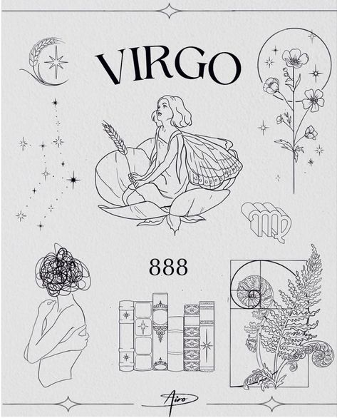 Virgo Tattoo ideas by Airo Astrology Inspired Tattoos, Witchy Minimalist Tattoo, Virgo Moon Tattoo, Virgo Aesthetic Tattoo, Tattoo Ideas Virgo, Virgo Tattoo Designs For Women, Virgo Zodiac Tattoo, Witchy Tattoo Designs, Tattoos Astrology