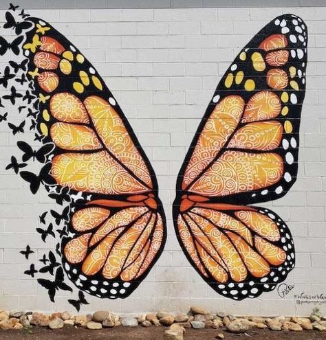 Mural Fence, Butterfly Graffiti, Butterfly Mural, Angel Wings Drawing, Selfie Wall, Butterfly Art Painting, Wings Drawing, Paper Christmas Decorations, Illustration Art Design