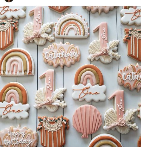 Boho Rainbow 1st Birthday Cookies, Boho Second Birthday Party, Boho Rainbow Themed 1st Birthday Party, Boho Themed Cake 1st Birthday Parties, Boho Cookies Birthday, Boho 1st Birthday Cookies, 1st Birthday Boho Rainbow Theme, Boho First Birthday Cookies, Boho Rainbow Cake Ideas