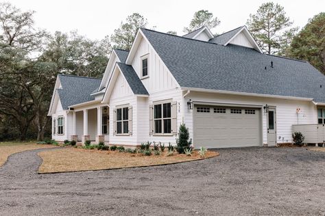 Old Farm Road - American Traditional - Exterior - Atlanta - by Mossy Co. Interiors | Houzz Joanna Gaines Home Exterior, Exterior House Colors Modern Farmhouse, Contrast Trim Exterior, White House With Taupe Trim, Exterior Remodel Ranch Style Home, White House With Tan Trim, White House Tan Trim, Clay Windows Exterior, Top Exterior House Colors 2023