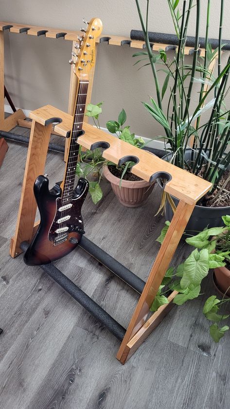 Guitar Stand Ideas, Guitar Stand Plans, Guitar Room Decor, Guitar Amp Stand, Diy Guitar Stand, Wooden Guitar Stand, Guitar Shelf, Guitar Storage, Home Recording Studio Setup