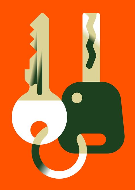 Vector illustration of two keys. Orange and green tones. Green And Orange Graphic Design, Single Color Illustration, Two Tone Illustration, Key Illustration Graphic Design, Vector Illustration Styles, Key Graphic Design, Keys Illustration, Orange Graphic Design, Transition Design